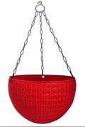 GoHooked red plastic Oslo hanging pot with textured weave and metal chain. Ideal for balconies and gardens.