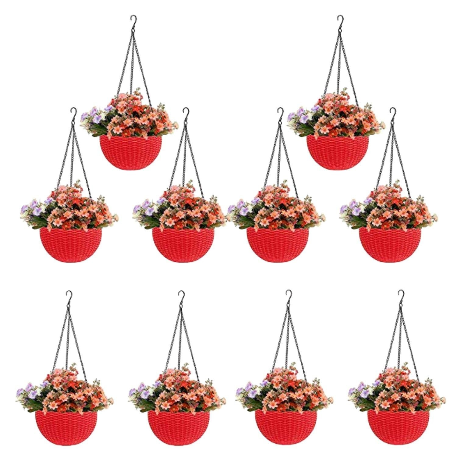 GoHooked red plastic hanging pot with woven texture, filled with colorful artificial flowers. Set of 5.