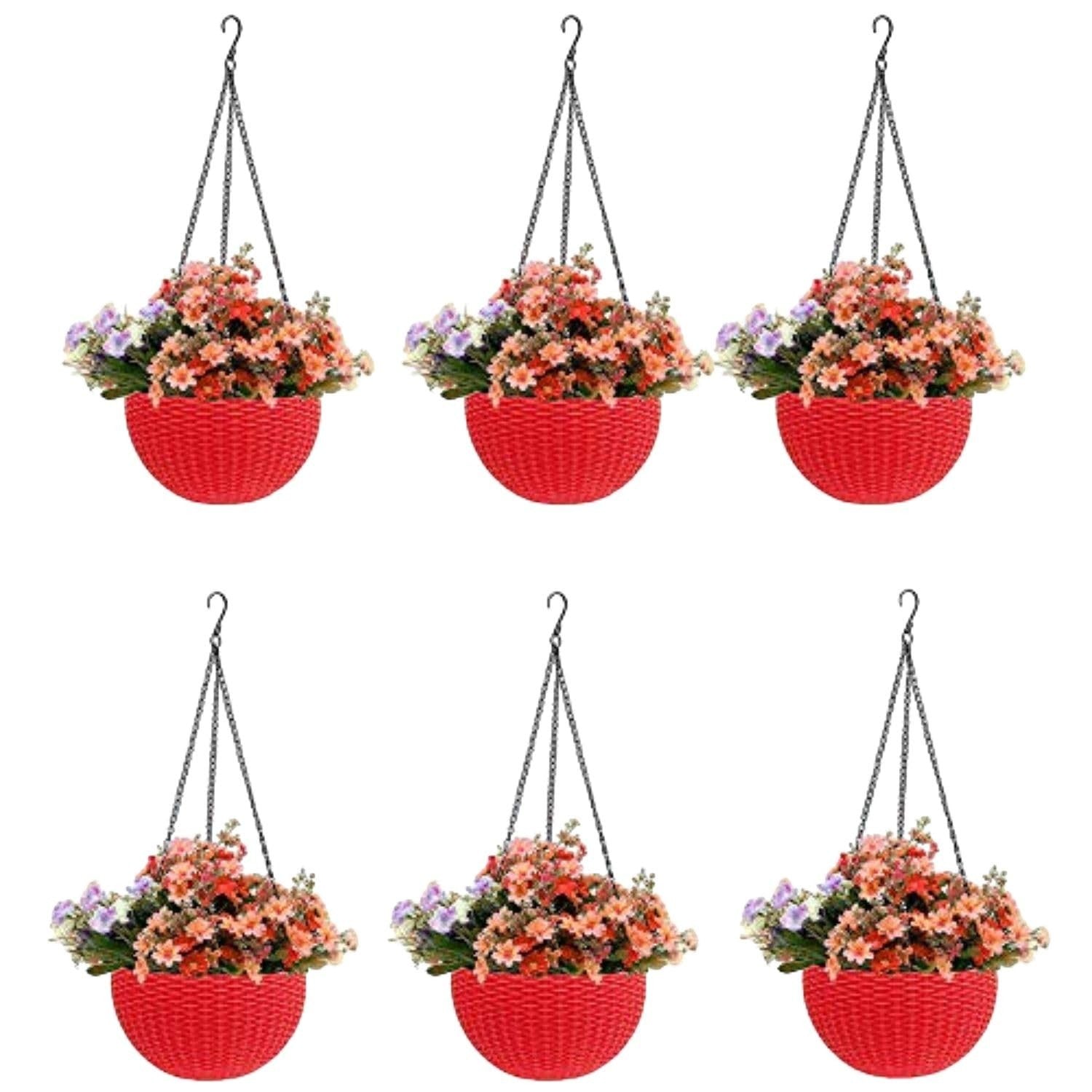 GoHooked red plastic hanging pot with woven texture, filled with artificial flowers. Set of 5.