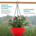 GoHooked red plastic hanging pot with woven texture, 7.1 inch diameter, holding green plants with pink flowers.