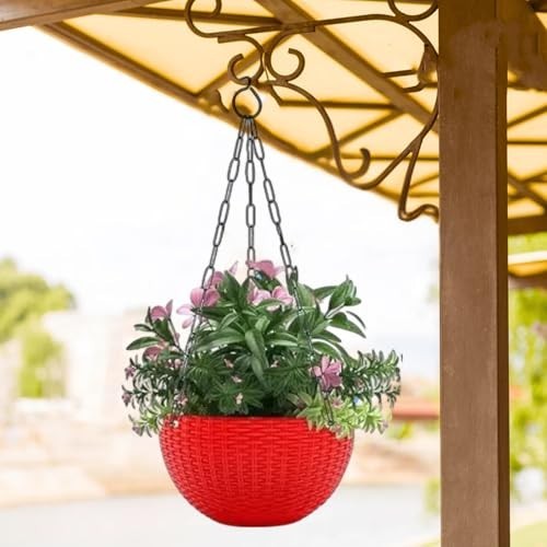 GoHooked red plastic hanging pot with woven texture, 7.1 inch diameter, holding faux plants.