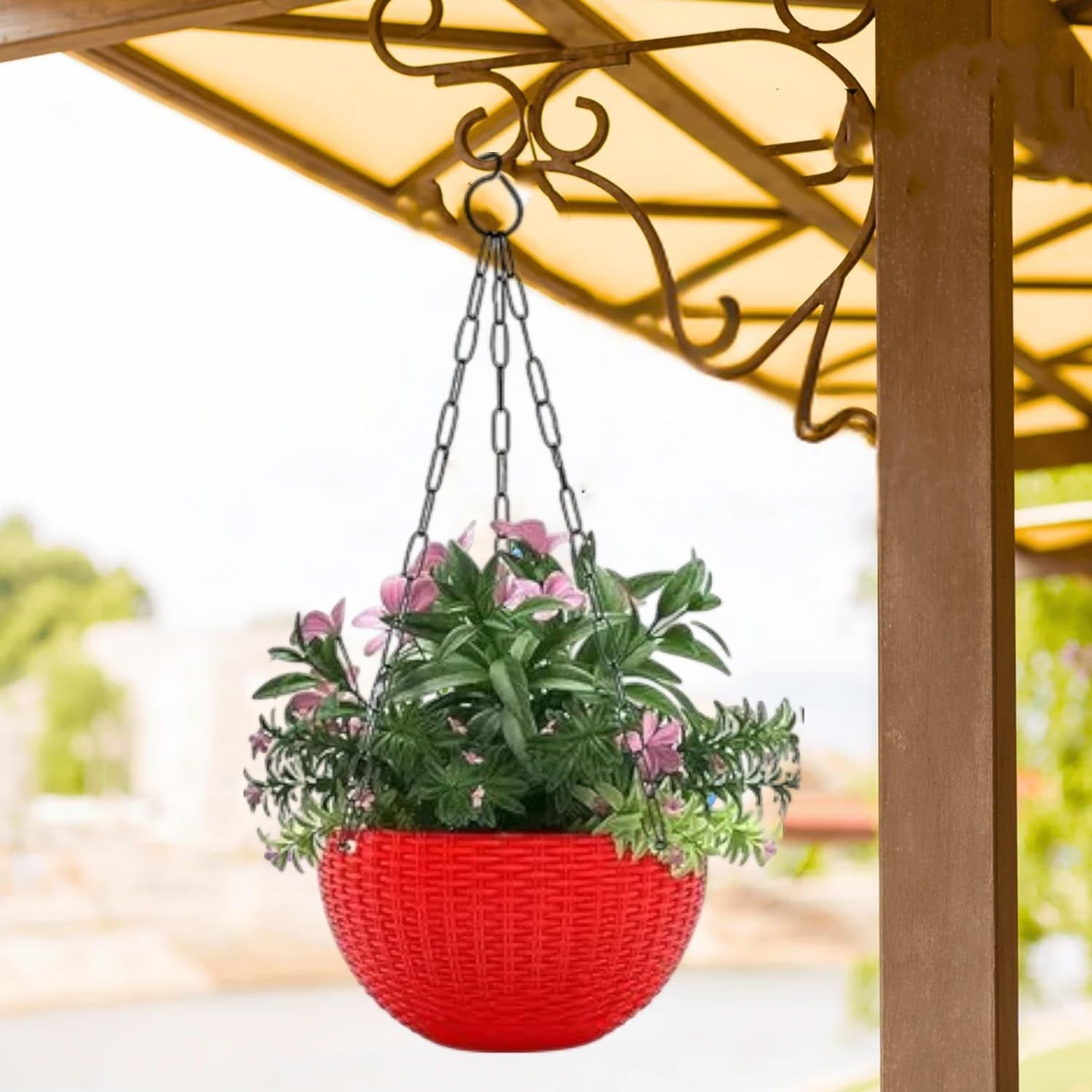 GoHooked red plastic hanging pot with woven texture, 7.1 inch diameter, holding faux pink flowers and greenery.