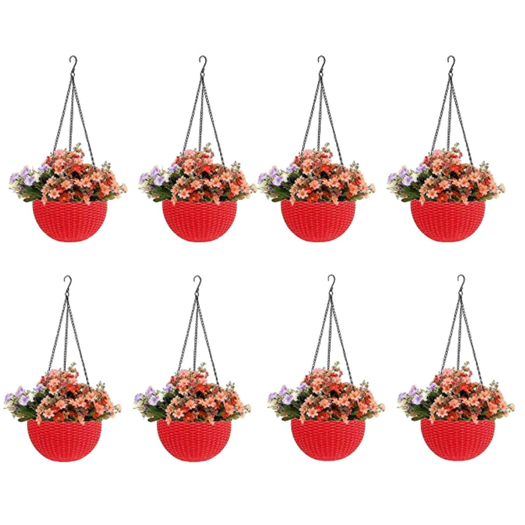 GoHookedHere 8 red plastic hanging pots with woven texture, filled with colorful artificial flowers.