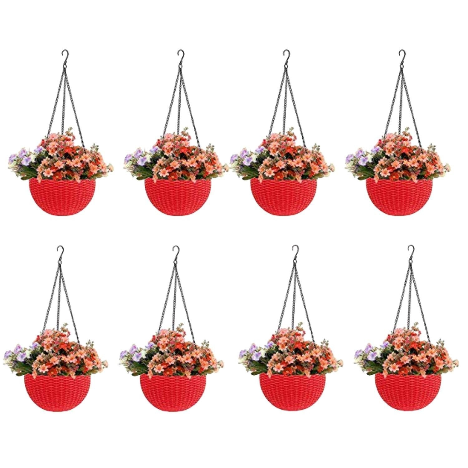 GoHookedHere 8 red plastic hanging pots with woven texture, filled with colorful artificial flowers.