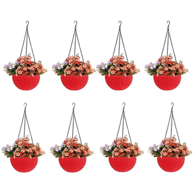GoHookedHere 8 red plastic hanging pots with woven texture, filled with colorful artificial flowers.
