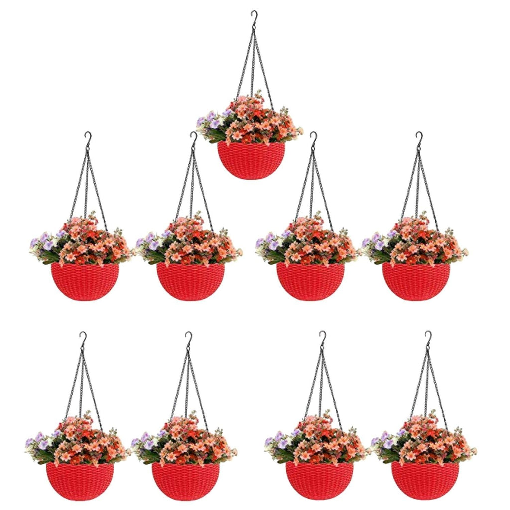 GoHooked red plastic hanging pots with woven texture, 7.1 inch diameter, set of 9.
