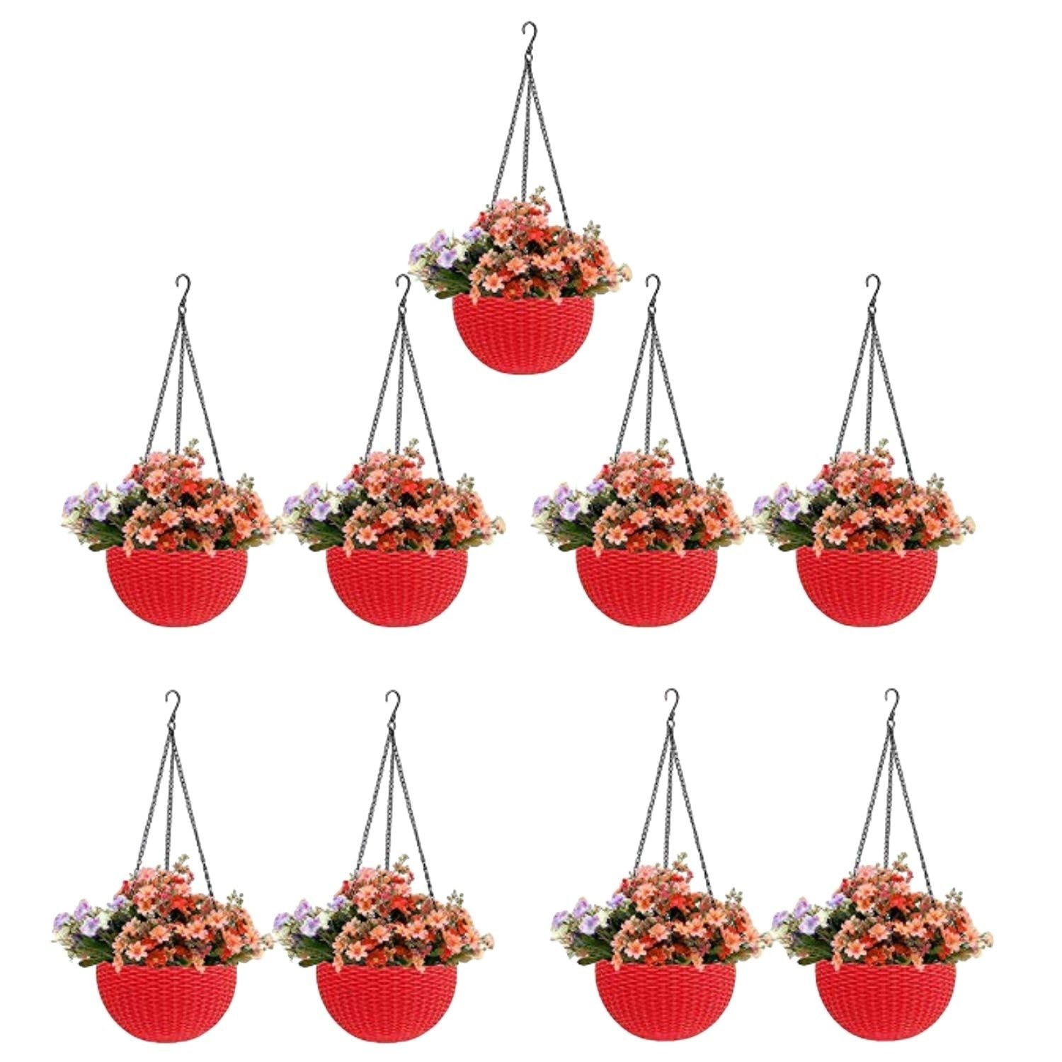 GoHooked red plastic hanging pots with woven texture, 7.1 inch diameter, set of 9.