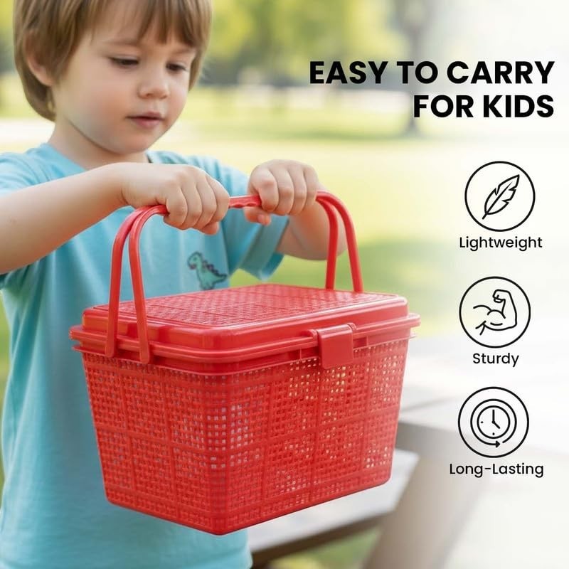 Go Hooked red plastic picnic basket with lid and handle, easy for kids to carry toys, diapers, or essentials.