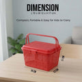 Go Hooked red plastic picnic basket with lid and handle, perfect for toys, diapers, and essentials.