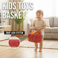GoHooked red plastic kids picnic storage basket with snap lock lid and handle, filled with toys.