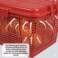 GoHooked red plastic picnic storage basket with lid and handle, ventilated grid pattern.