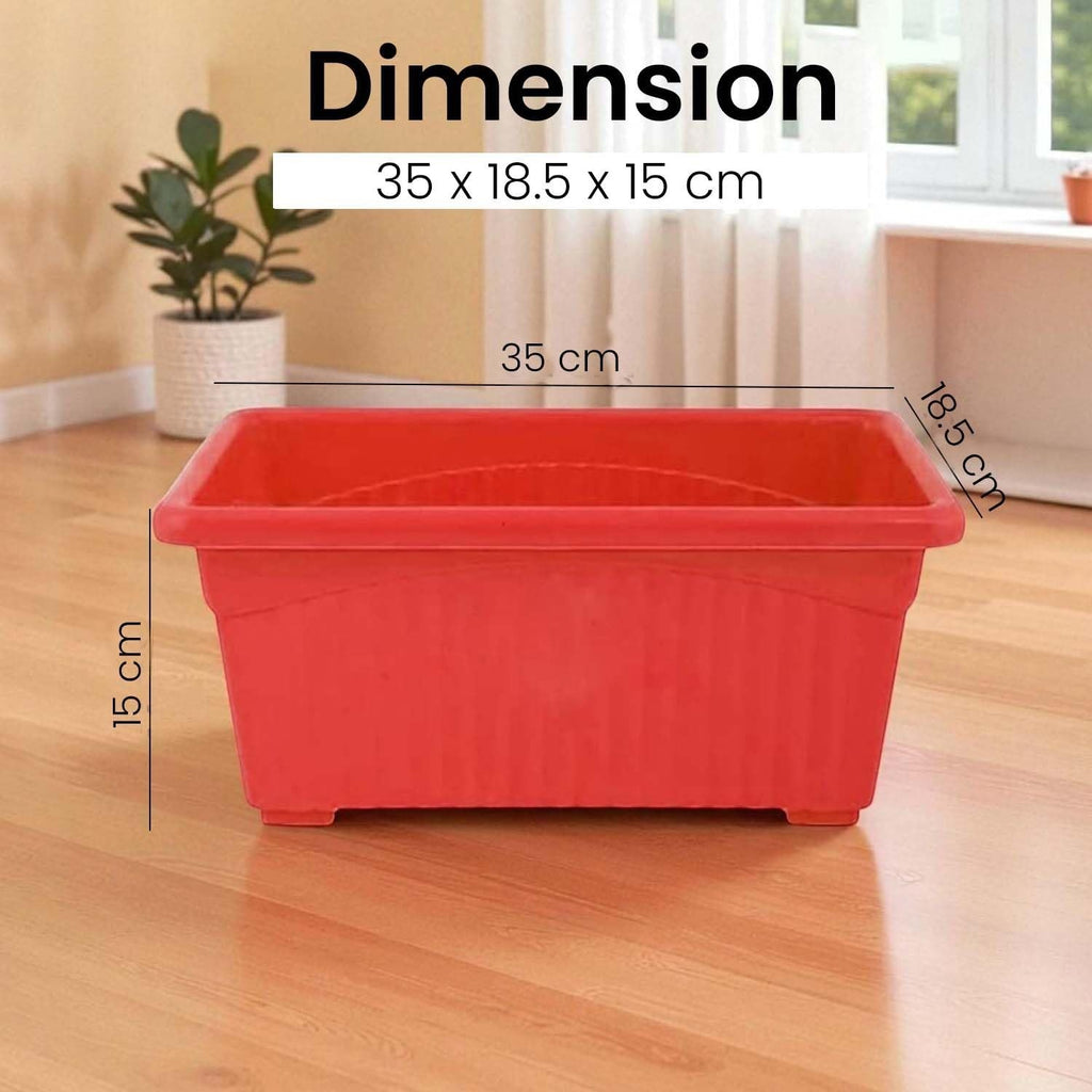 GoHooked red rectangular plastic plant pot, 35x18.5x15 cm, rust-resistant, ideal for home or garden.