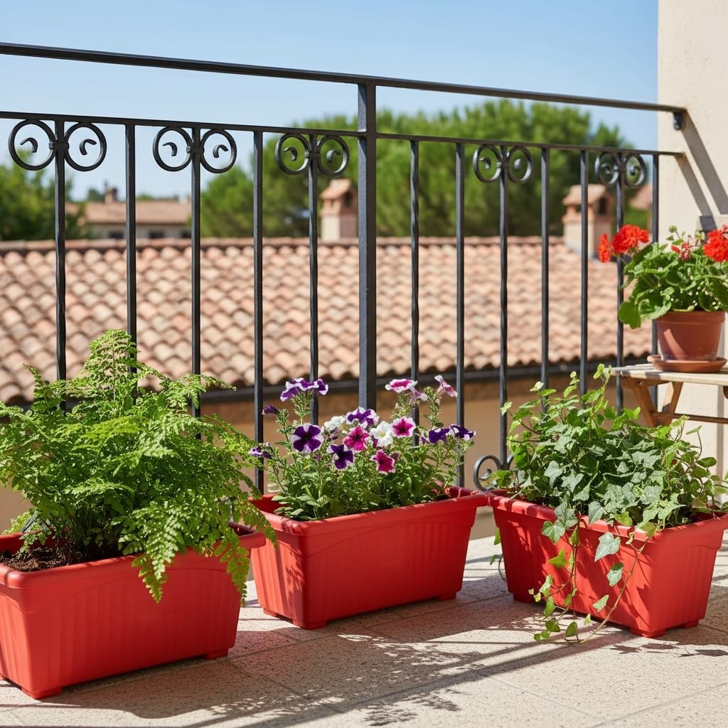 GoHooked Set of 3 red rectangular plastic plant pots with plants on a balcony.