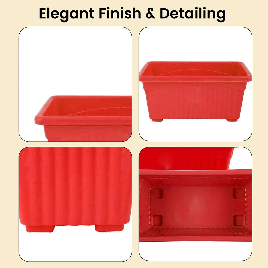 GoHooked Set of 3 red rectangular plastic plant pots with drainage holes. Rust resistant, ideal for indoor/outdoor use.