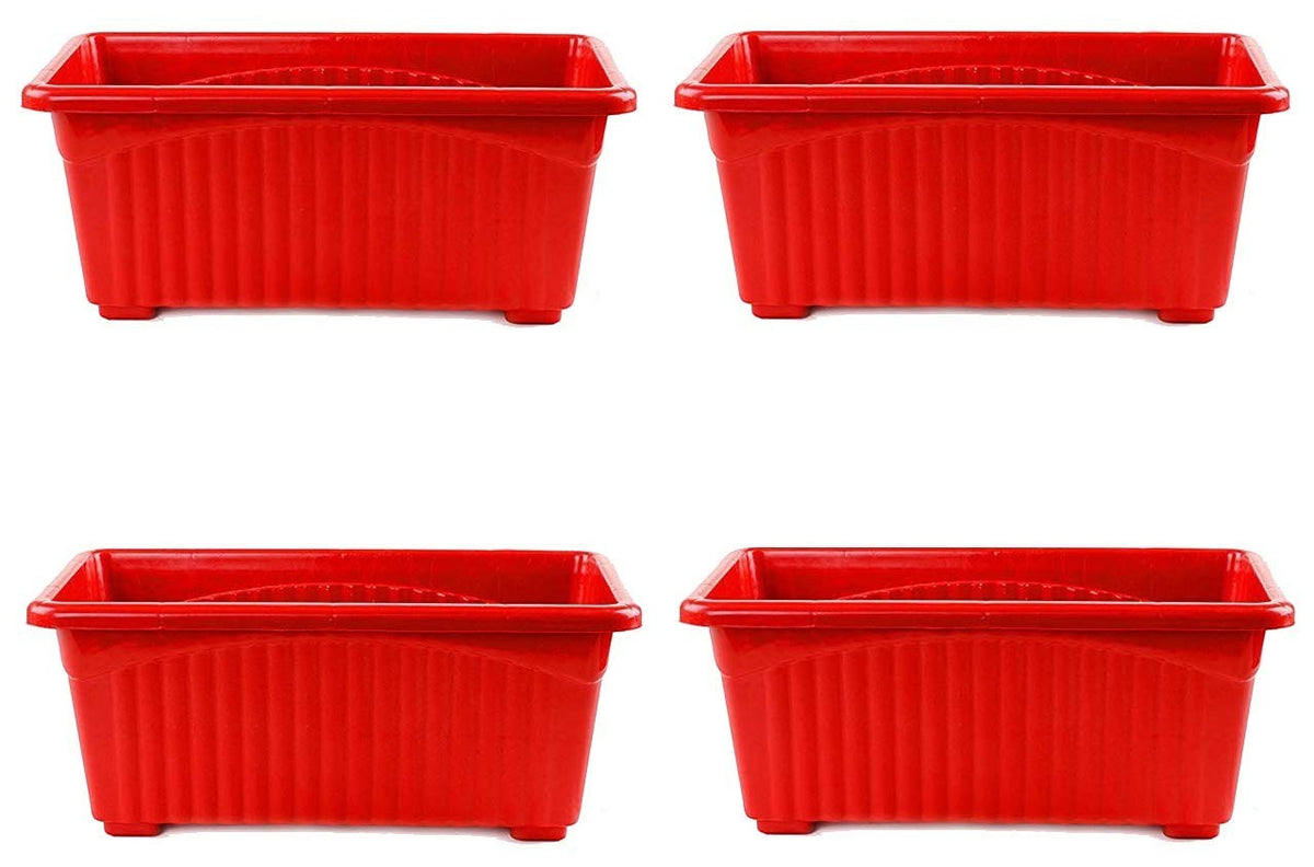 GoHooked set of 4 red rectangular plastic plant pots with ribbed texture and raised feet.