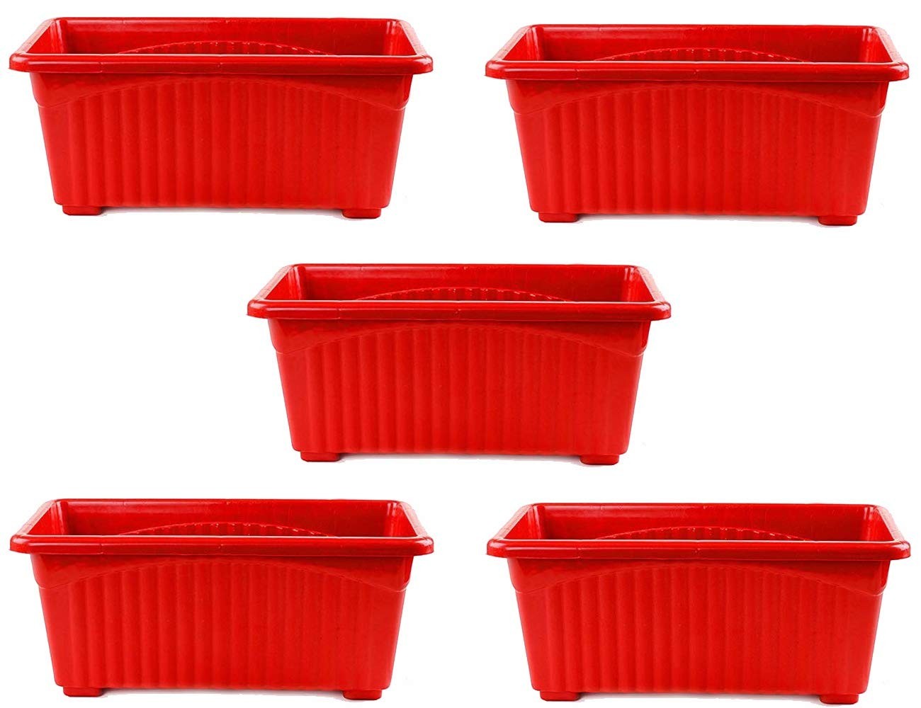 GoHooked set of 5 red rectangular plastic plant pots with rust-resistant feature and art deco style.