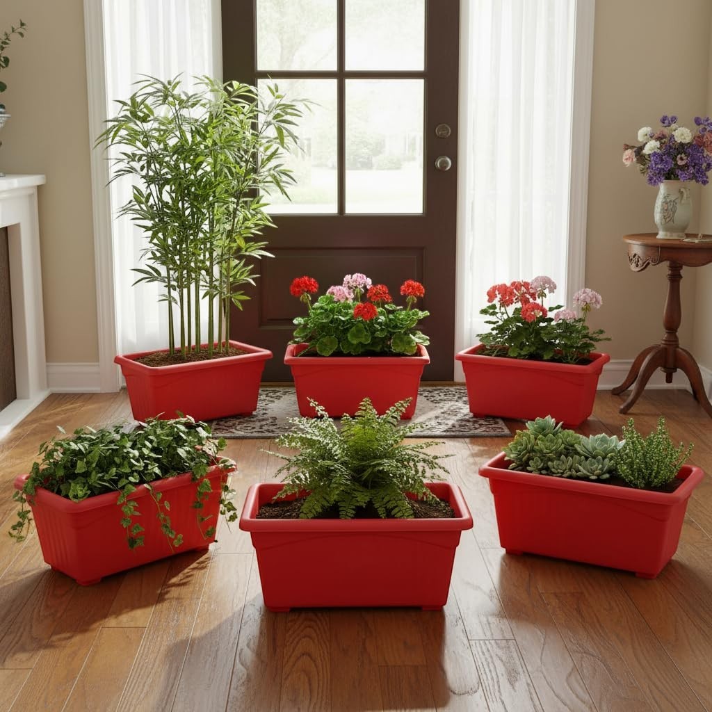 GoHooked set of 6 red rectangular plastic plant pots, 35x18.5x15 cm, rust resistant, for indoor/outdoor use.