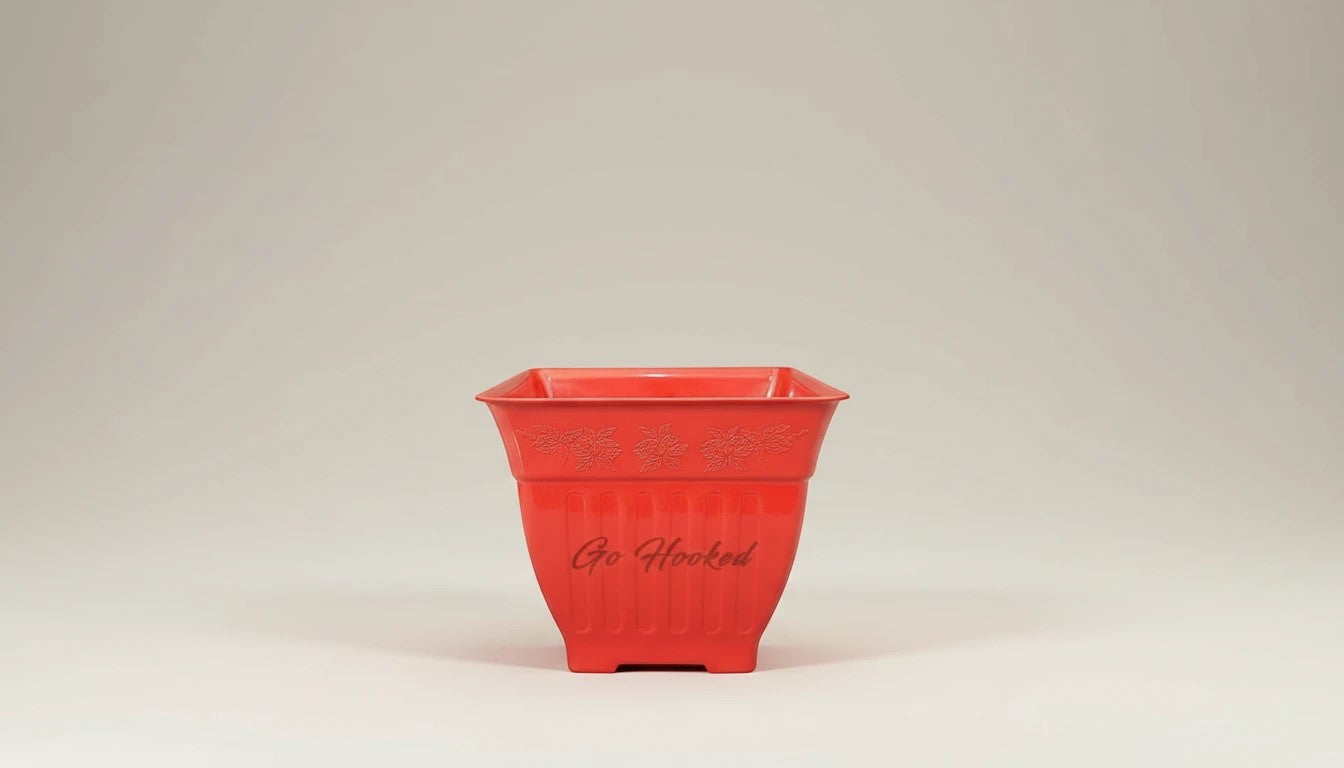 Go Hooked red plastic planter with decorative embossed floral pattern and vertical ribbed texture. Side 8.75 inch, Height 7.5 inch.