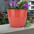 Go Hooked 10-inch red plastic planter pot with vertical ribbed texture, perfect for indoor or outdoor gardening.