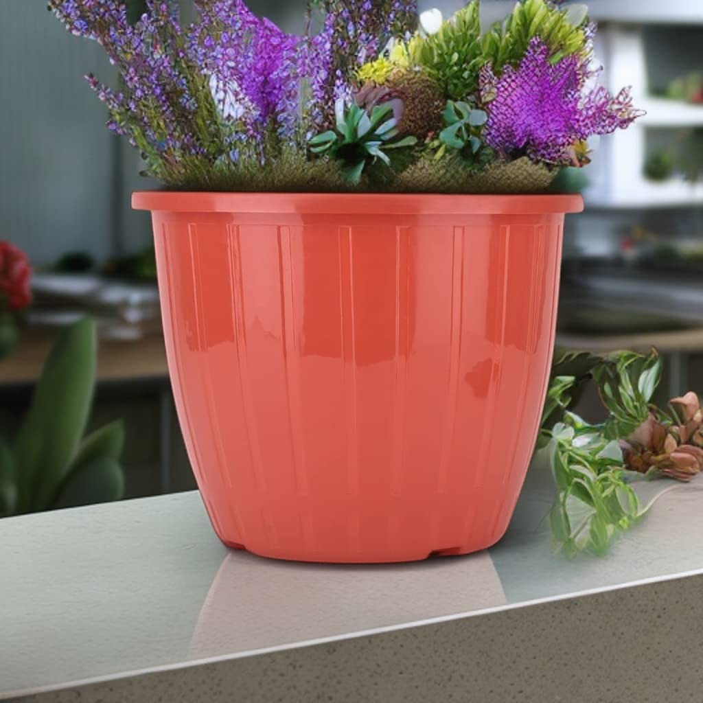 GoHooked 10-inch red plastic planter pot with vertical ribbed texture, suitable for indoor/outdoor gardening.