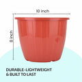GoHooked red plastic planter pot, 10 inch diameter, 8 inch height, durable and lightweight for indoor/outdoor gardening.