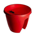Go Hooked red plastic planter pot, 12-inch, with railing hook for balcony decor.