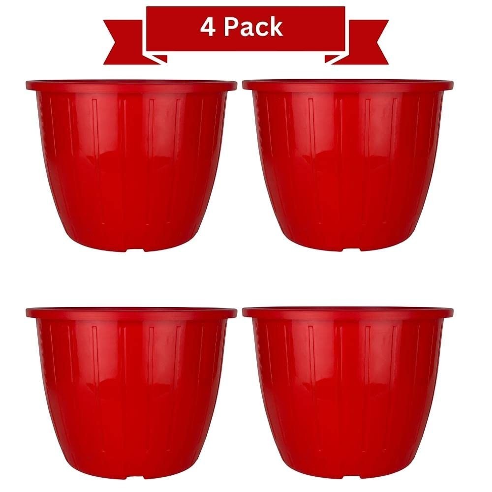 Go Hooked 4 pack of 10-inch red plastic planters with a sleek, modern design. Ideal for indoor/outdoor gardening.