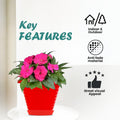 Go Hooked red plastic planter pot with pink flowers, 6 inch size, suitable for indoor/outdoor use, anti-fade material.