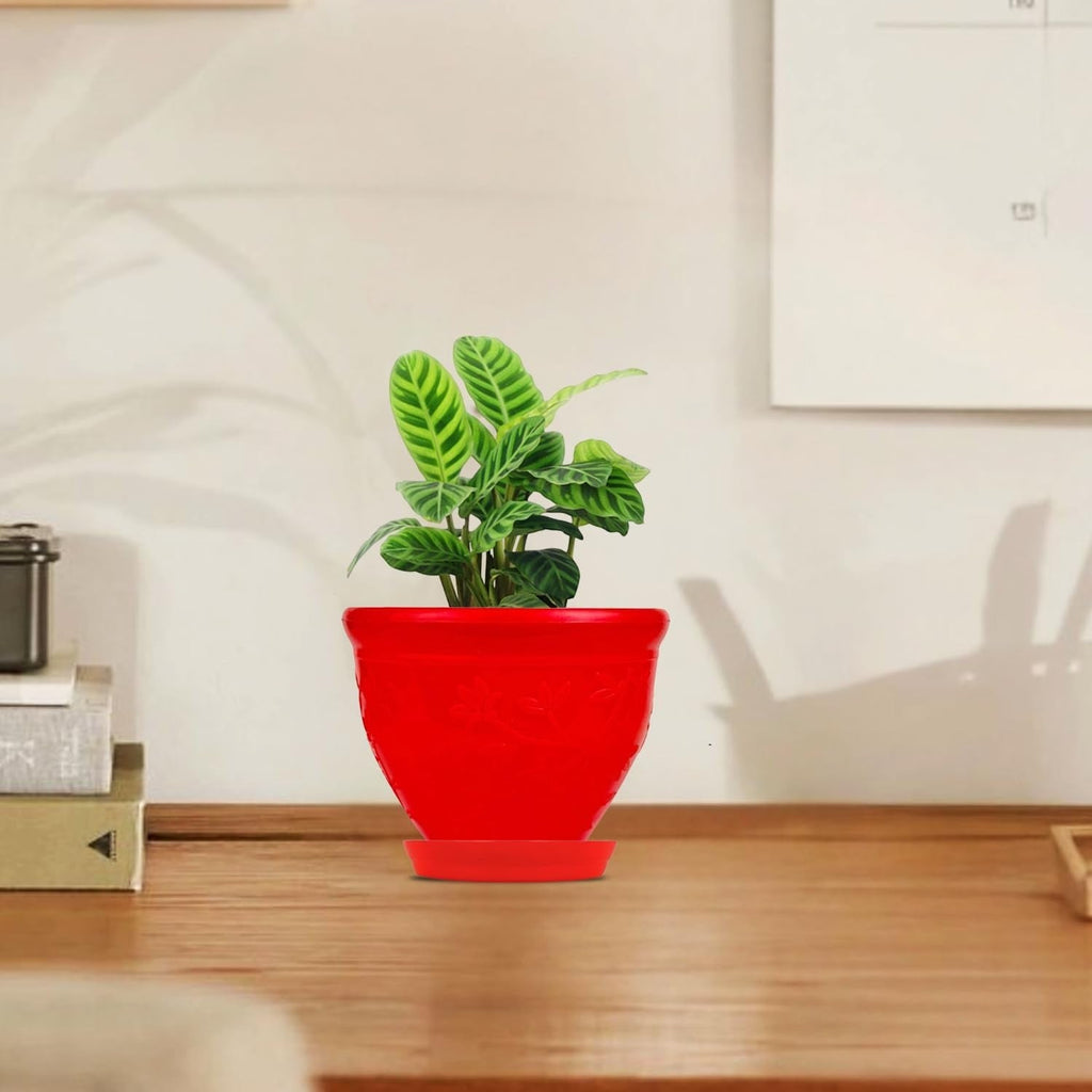 GoHooked red plastic planter pot with saucer, 6 inch Victor style, modern design for indoor/outdoor plants.