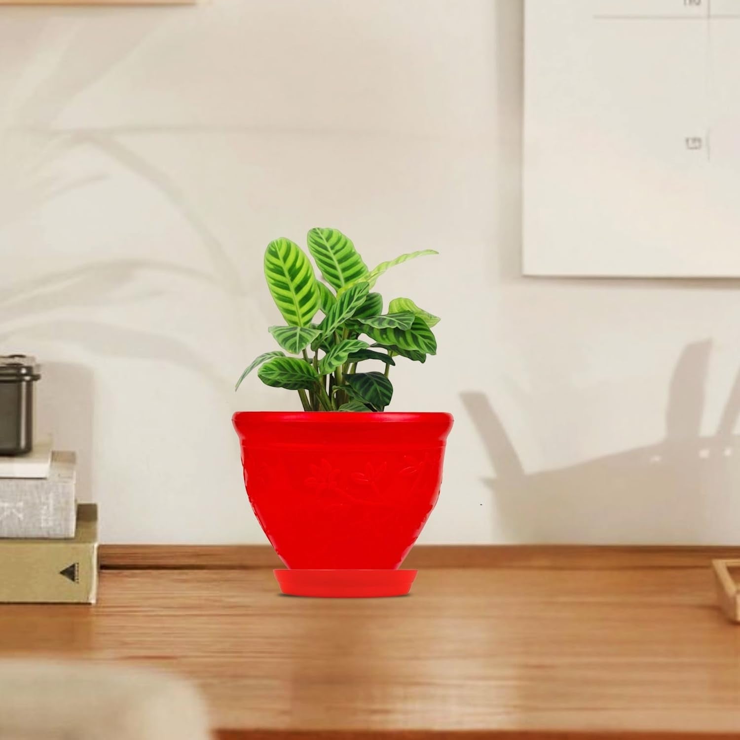 GoHooked red plastic planter pot with saucer, 6 inch Victor style, modern design for indoor/outdoor plants.