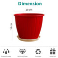Go Hooked red plastic planter pot with tray, 8 inch diameter, ideal for indoor/outdoor gardening.