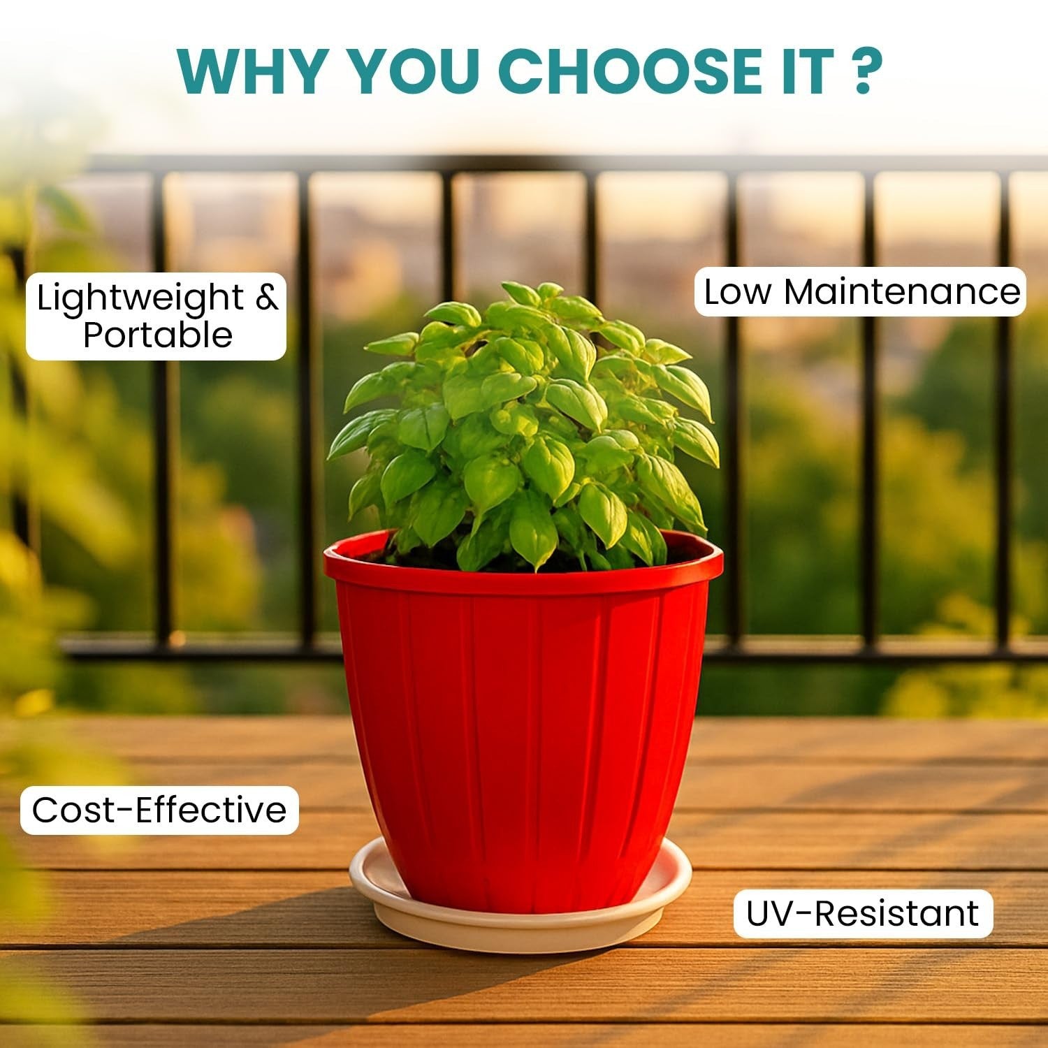 GoHooked red 8-inch plastic planter pot with tray, lightweight, UV-resistant, and low maintenance for indoor/outdoor gardening.