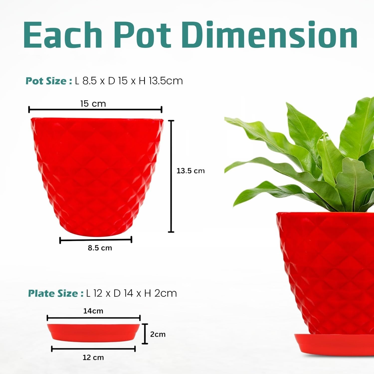 GoHooked red diamond-patterned plastic planter pot with saucer, 6-inch size, for indoor/outdoor plants.