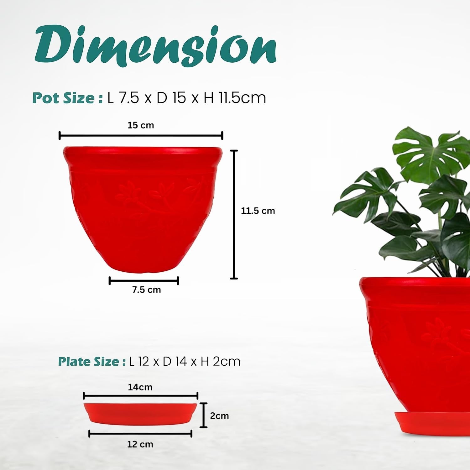 GoHooked red plastic planter pot with saucer, 6 inch diameter, modern design for indoor/outdoor plants.