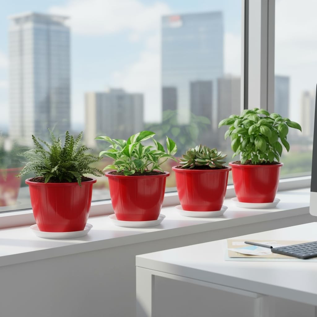 GoHooked set of 4 red 8-inch plastic planters with trays, holding various indoor plants on a windowsill.
