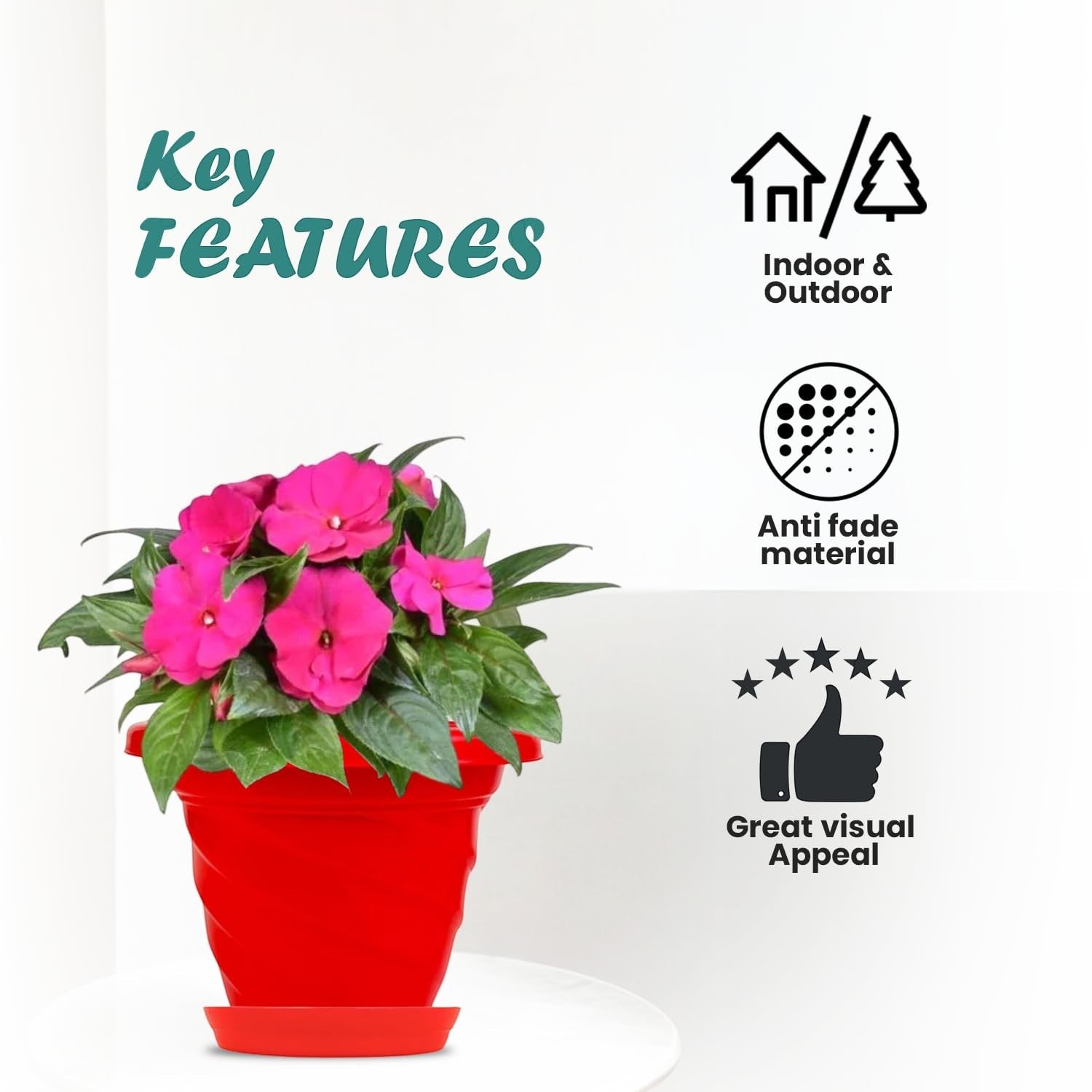 GoHooked red plastic planter pot with saucer, 6 inch twister design, suitable for indoor/outdoor use.