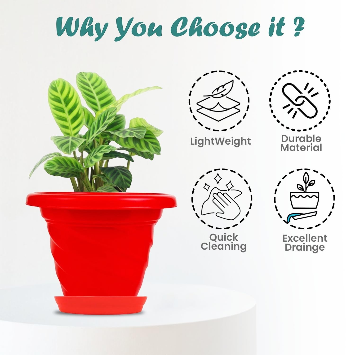 GoHooked red plastic planter pot with saucer, featuring a modern twister design and excellent drainage. Lightweight and durable.