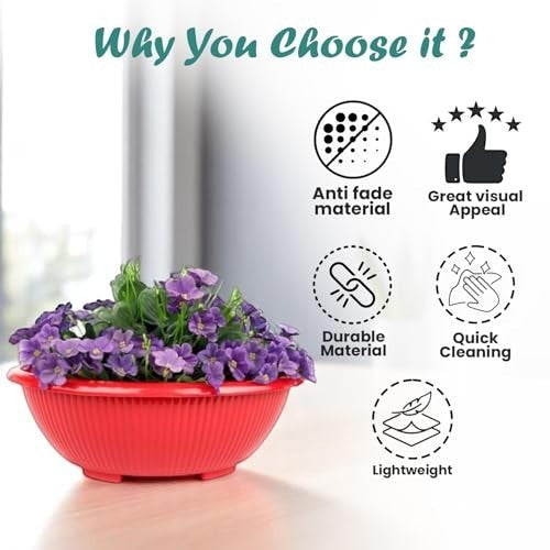 GoHooked red plastic planter pot with purple flowers, featuring anti-fade, durable, lightweight, and easy-clean design.