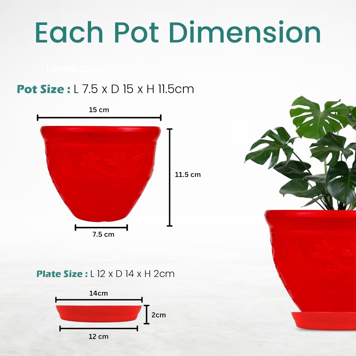 GoHooked red plastic planter pot with saucer, 6-inch Victor model, modern design for indoor/outdoor plants.