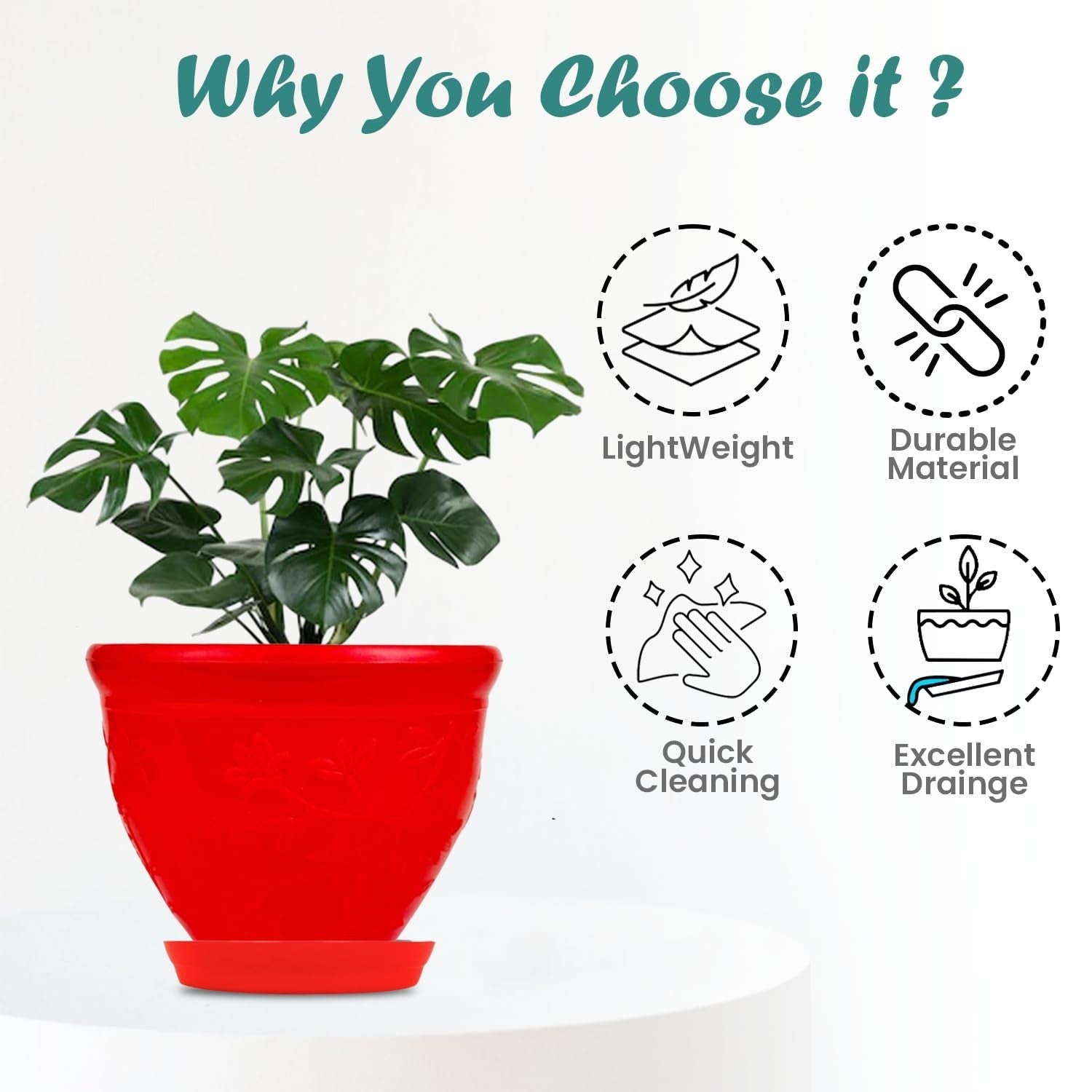 GoHooked red plastic planter pot with saucer, 6 inch Victor style, for indoor/outdoor plants. Lightweight, durable, easy clean, excellent drainage.