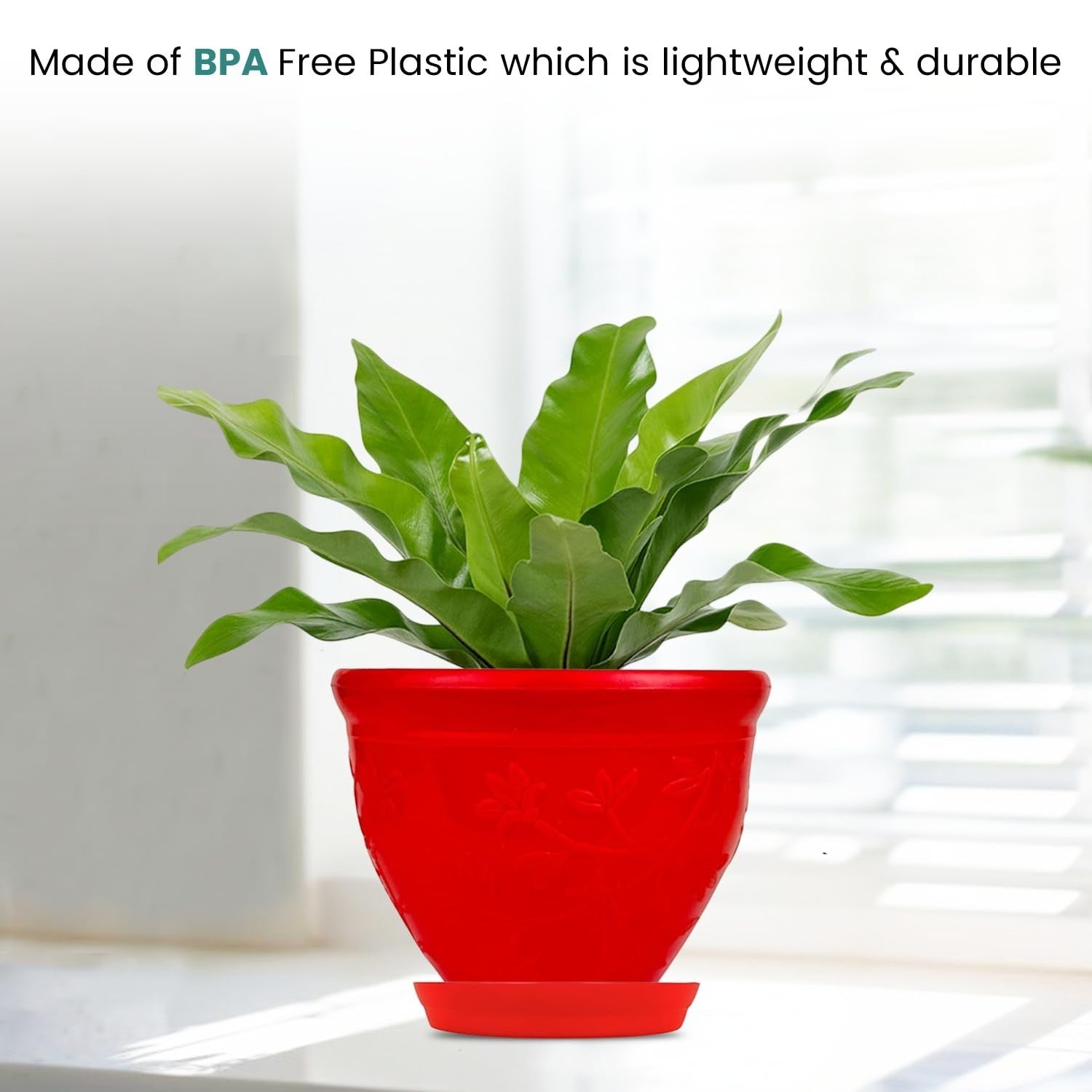 GoHooked red plastic planter pot with embossed floral design and matching saucer, 6 inch.