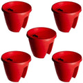 GoHooked red plastic planter pots, 12-inch set of 5, designed for balconies and railings.