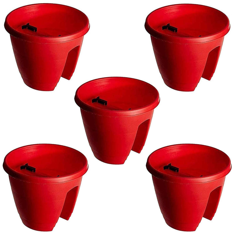 GoHooked red plastic planter pots, 12-inch set of 5, designed for balconies and railings.