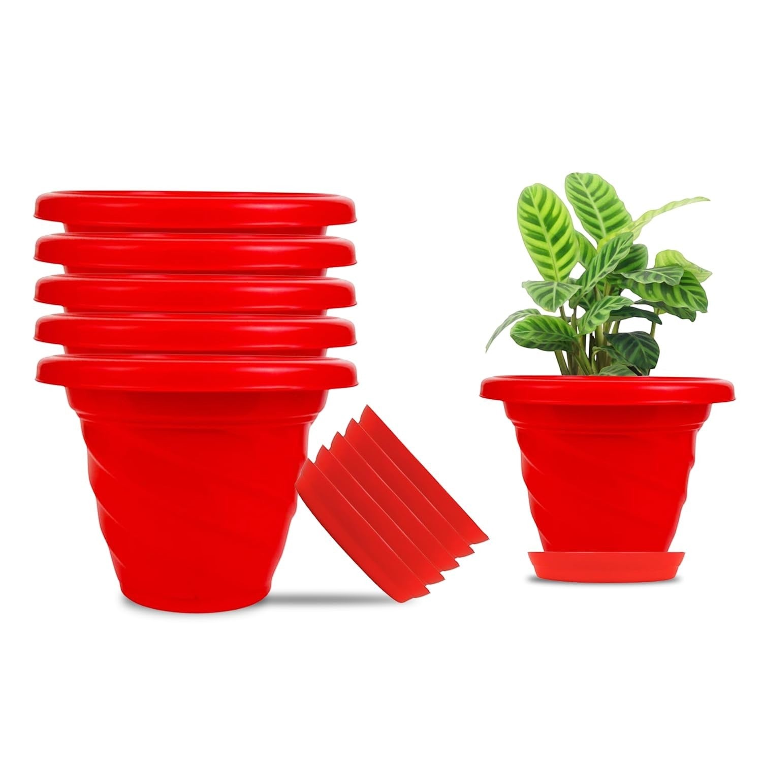 GoHooked set of 6 red plastic planter pots with saucers, modern twister design, 6 inch size for indoor/outdoor plants.