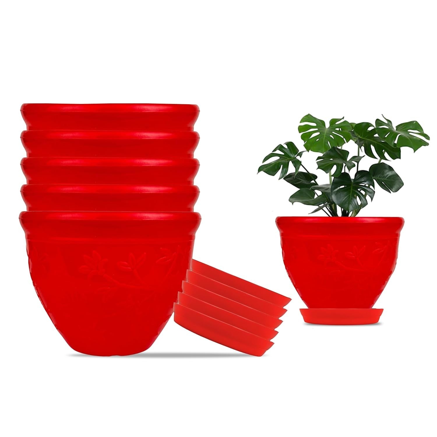 GoHooked set of 6 red plastic planter pots with saucers, one pot with a plant. Modern design.