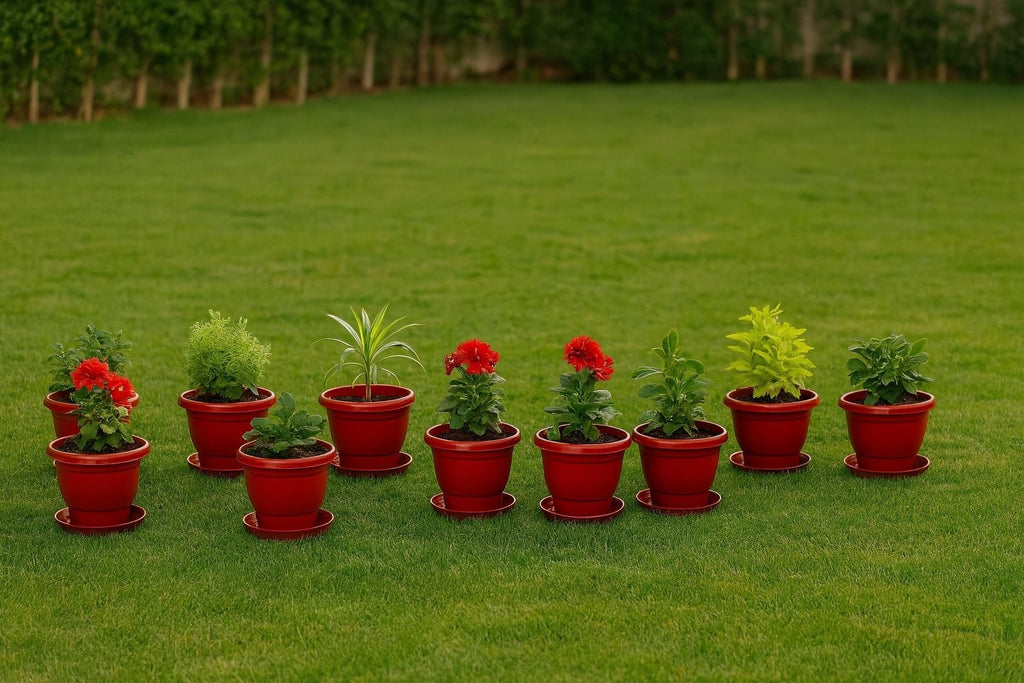 GoHooked red plastic planter pots with saucers, 8 inch, set of 12, for indoor/outdoor use.
