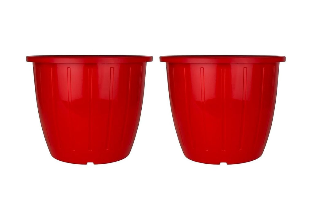 GoHooked Sunshine red plastic planters, pack of 2. Indoor-outdoor use, durable BPA-free polypropylene.