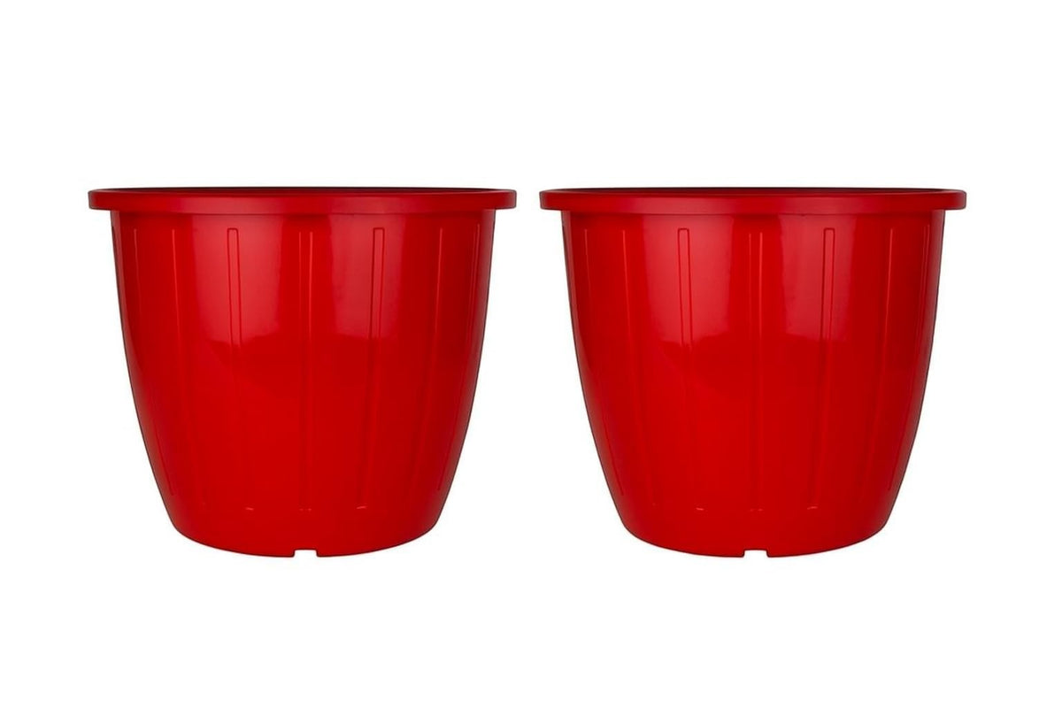 GoHooked Sunshine red plastic planters, pack of 2. Indoor-outdoor use, durable BPA-free polypropylene.