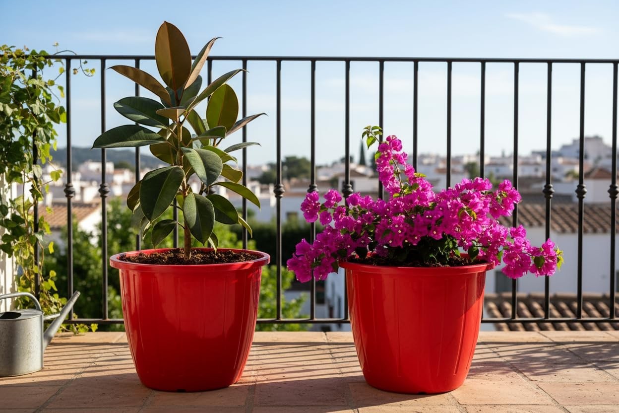 GoHooked red plastic planters with a rubber plant and pink bougainvillea on a balcony.