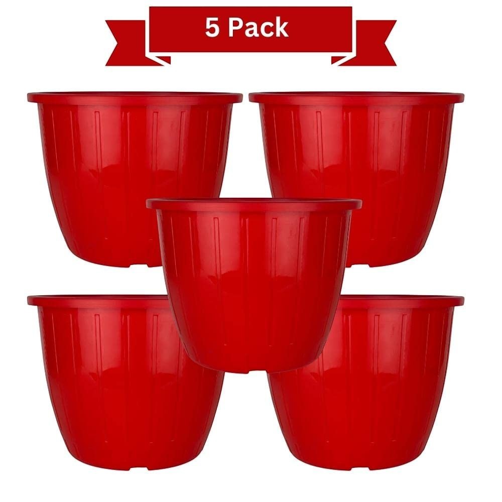 Go Hooked 5 pack of 10-inch red plastic planters with a sleek, modern design for indoor/outdoor gardening.